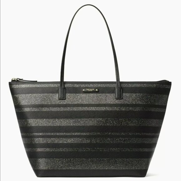 Women's Authentic KATE SPADE Haven Lane Hani Striped Tote Bag in Black Glitter - Picture 1 of 8